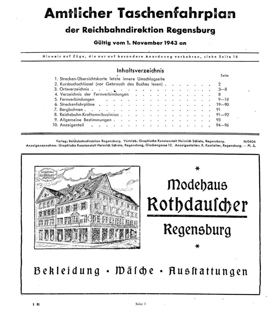 Amtlicher Taschenfahrplan der Reichsbahndirektion-Regensburg 1943 Reprint 