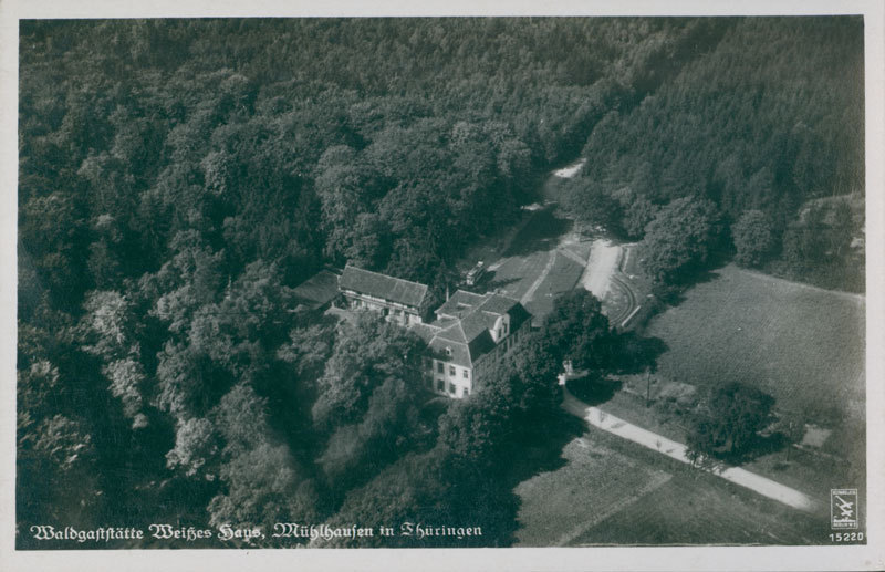 ANSICHTSKARTE [Original]: Mühlhausen Waldgaststätte Weißes Haus 1937 - Fliegeraufnahme mit Straßenba